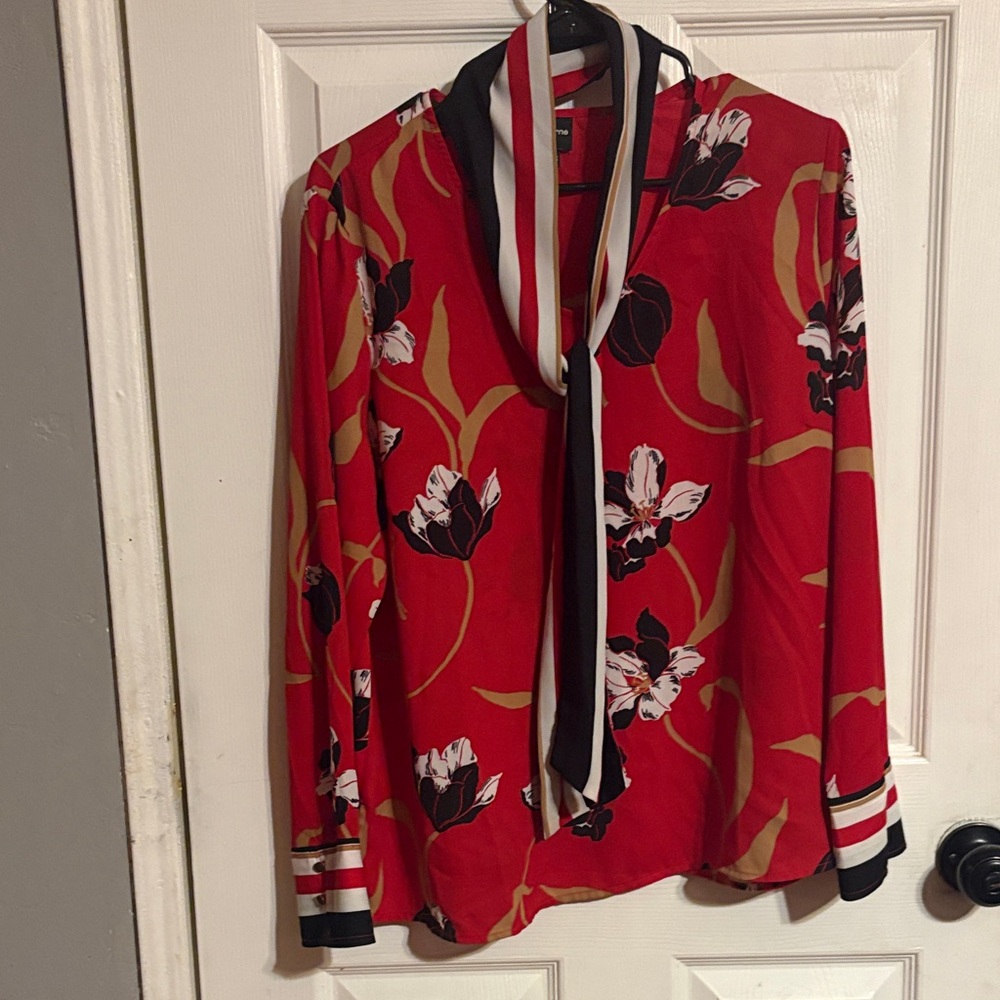 Liz Claiborne Red Floral Blouse with Scarf Accent